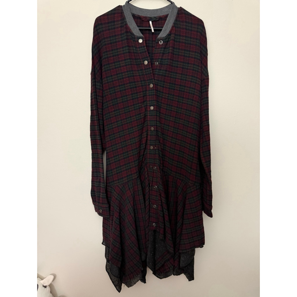Women's Free People Plaid Long Sleeve distressed hem Dress M Red Green - Picture 3 of 6